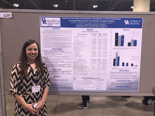 Dr. Brittnea Adcock with her poster, "Impact of Low-Dose Indomethacin, Gentamicin, or Their Combination on Acute Kidney Injury in Extremely Premature Infants" at the 2018 Pediatric Academic Societies (PAS) Conference in Toronto.