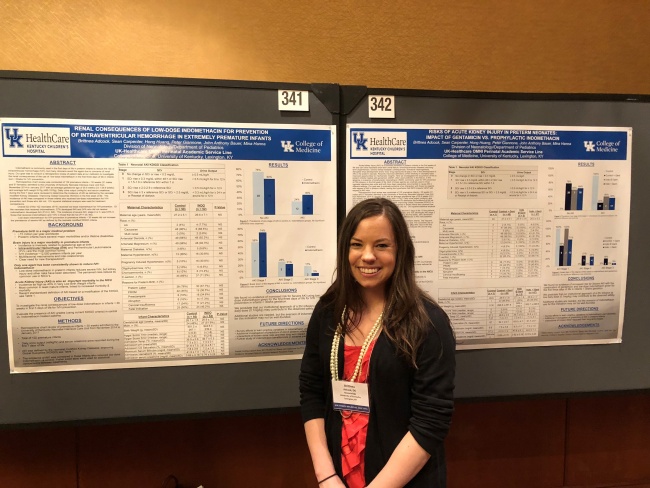 Dr. Brittnea Adcock presenting her 2 research posters:  (1)Risks of Acute Kidney Injury in Preterm Neonates:  Impact of Gentamicin and Prophylactic Indomethacin  and (2) Renal Consequences of Low-Dose Indomethacin for  Prevention of Intraventricular Hemorrhage in Extremely  Premature Infants at the Southern Society for Pediatric Research (SSPR)  in New Orleans on Feburary 23, 2018