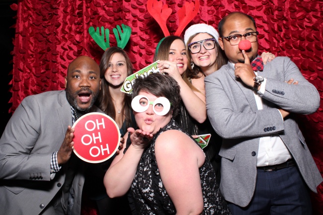 Photobooth Shenanigans at the Department of Pediatrics Annual  Holiday Party in December 2018.  L to R: Dr. Mark Stephens, Sara Stephens, Dr. Brittnea Adcock,  Dr. Monika Piatek, Dr. Sanchayan Debnath, and Sarah Steen.