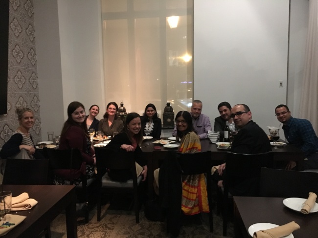 Dinner during the 2019 PAS meeting in Baltimore, MD.  First Row - L to R: Heather Collins, RN (Neonatal Research Nurse),  Caitlin Dunworth (Neonatal Research Team), Dr. Brittnea Adcock (3rd yr fellow),  Dr. Nima Desai (faculty), Dr. Mina Hanna (faculty)  and Dr. Lochan Subedi (former fellow)  Second Row - L to R: Dr. Bandi Mahaffey (faculty),  Dr. Monika Piatek (1st yr fellow), Dr. Rucha Shukla (2nd year fellow),  Dr. Stefan Keissling (Pediatric Nephrology)  and Dr. Enrique Pomar-Gomez (former fellow) 
