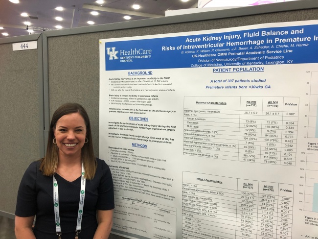 Dr. Brittnea Adcock with her poster "Acute Kidney Injury, Fluid Balance,  and Risks of Intraventricular Hemorrhage in Preterm Infants" at the 2019 Pediatric Academic Societies (PAS) Annual Conference in Baltimore, Maryland.