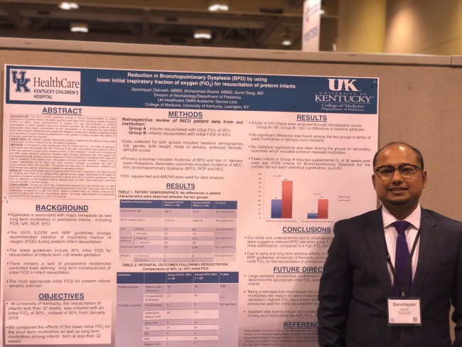 Dr. Sanchayan Debnath with his poster, "Reduction in Bronchopulmonary Dysplasia (BPD)  by using lower initial inspiratory fraction of oxygen (FiO2) for resuscitation of preterm infants" at the 2018 Pediatric Academic Societies (PAS) Conference in Toronto.