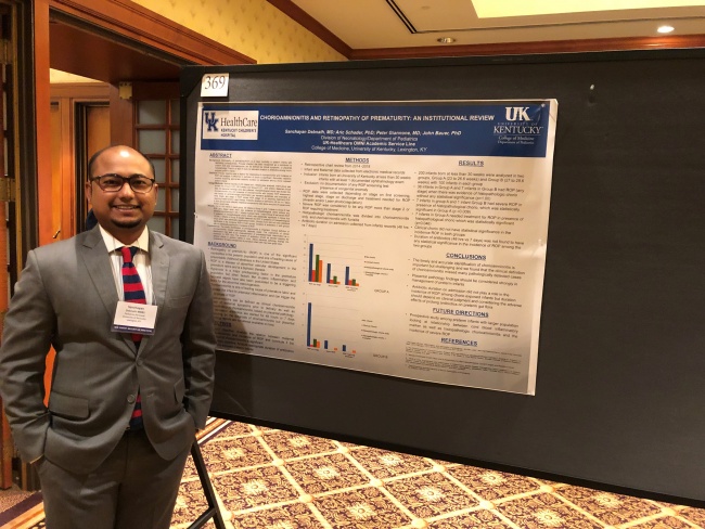 Dr. Sanchayan Debnath with his poster, "Chorioamnionitis and Retinopathy of Prematurity: An Institutional Review" at the 2019 Southern Society for Pediatric Research (SSPR) in New Orleans, LA.