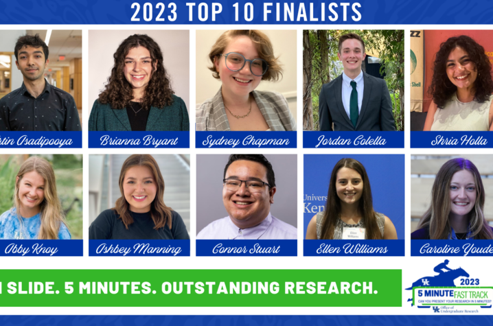 The top ten finalists of the Five-Minute Fast Track Research competition. Top Row: Artin Asadipooya, Brianna Bryant, Sydney Chapman, Jordan Colella, and Shria Holla. Bottom Row: Abigail Knoy, Ashbey Manning, Connor Stuart, Ellen Williams, and Caroline Youdes