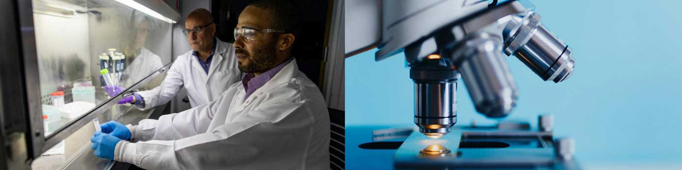 UK researchers Erhard Bieberich and Simone Crivelli on left and microscope on right