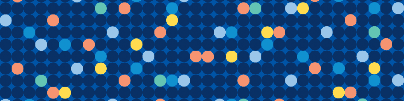 blue background with orange, yellow, light blue, and teal dots