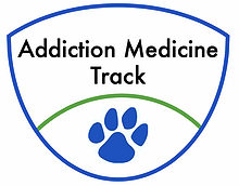 Logo that says Addiction Medicine Track with blue cat paw print