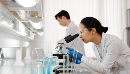 a photo of people in a lab with a lady in the foreground looking into a Microscope 