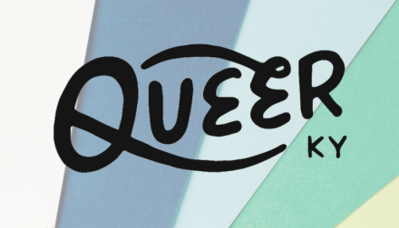 Queer KY logo on a striped, color background