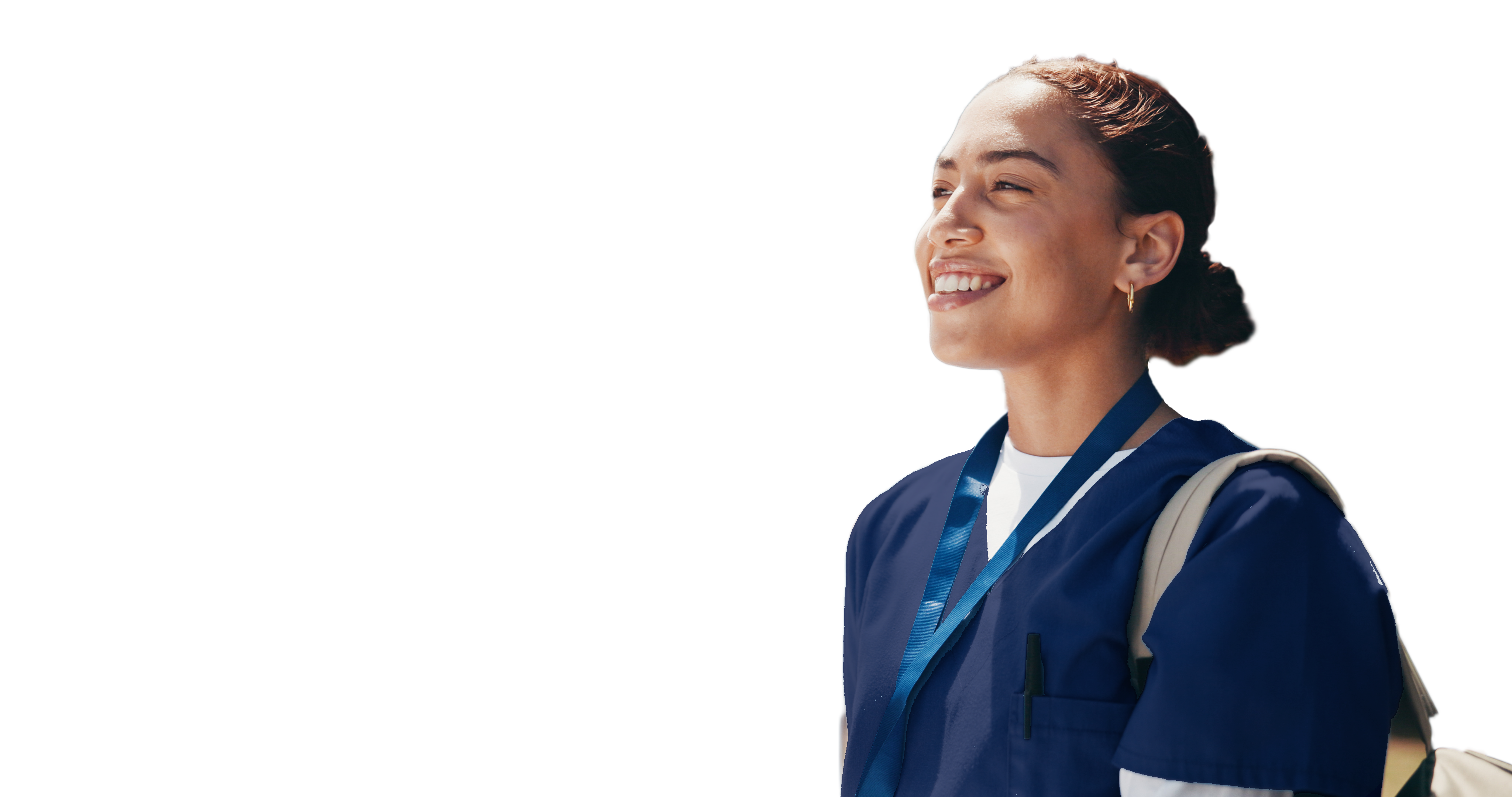 A female med student in blue scubs smiles up to the left, conveying a sense of promise and academic pride.
