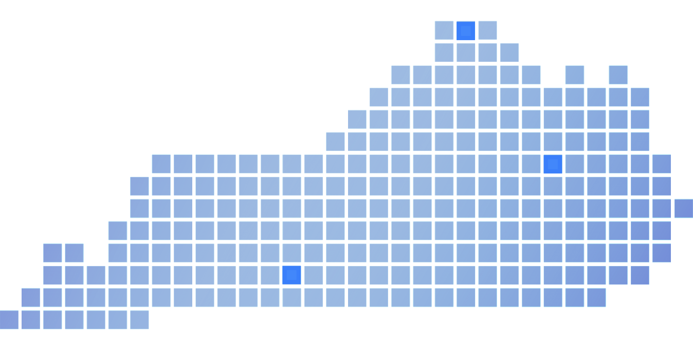 A map of kentucky, created by a grid of squares. The area of Bowling Green, Morehead, and Northern Kentucky are highlighted in a light blue.