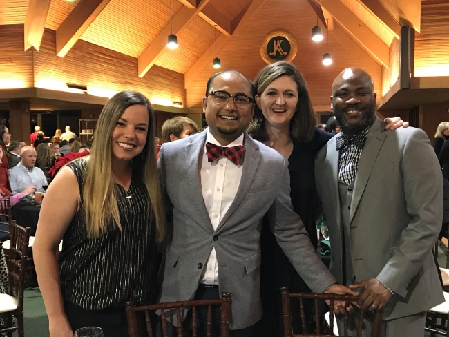 Neonatology Fellowship representing at the Pediatrics Department Annual Holiday Party. December 2018  L to R: Dr. Brittnea Adcock, Dr. Sanch Debnath, Dr. Monika Piatek and Dr. Mark Stephens