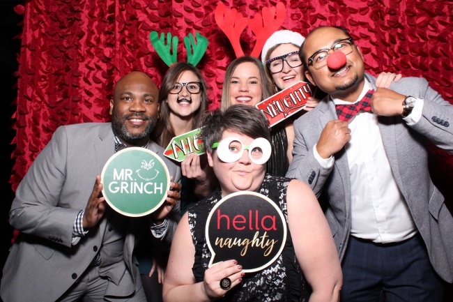 Photobooth Shenanigans at the Department of Pediatrics Annual  Holiday Party in December 2018.  L to R: Dr. Mark Stephens, Sara Stephens, Dr. Brittnea Adcock,  Dr. Monika Piatek, Dr. Sanchayan Debnath, and Sarah Steen.