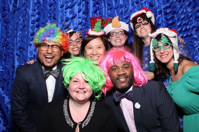 Photo Booth Fun at the Pediatrics Holiday Party  L to R: Sarah Steen, Dr. Mark Stephens, Dr. Sanch Debnath, Dr. Brittnea Adcock, Dr. Por Sithisarn, Dr. Ali Slone,  Alicia Friend, PA, and Janell Hacker, APRN