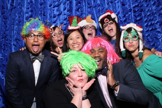 Photo Booth Fun at the Pediatrics Holiday Party  L to R: Sarah Steen, Dr. Mark Stephens, Dr. Sanch Debnath Dr. Brittnea Adcock, Dr. Por Sithisarn, Dr. Ali Slone,  Alicia Friend, PA, and Janell Hacker, APRN