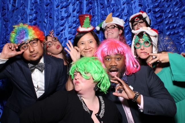 Photo Booth Fun at the Pediatrics Holiday Party  L to R: Sarah Steen, Dr. Mark Stephens, Dr. Sanch Debnath Dr. Brittnea Adcock, Dr. Por Sithisarn, Dr. Ali Slone,  Alicia Friend, PA, and Janell Hacker, APRN