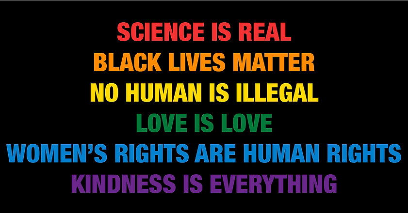 Science is real. Black lives matter. No human is illegal. Love is love. Women's rights are human rights. Kindness is everything.