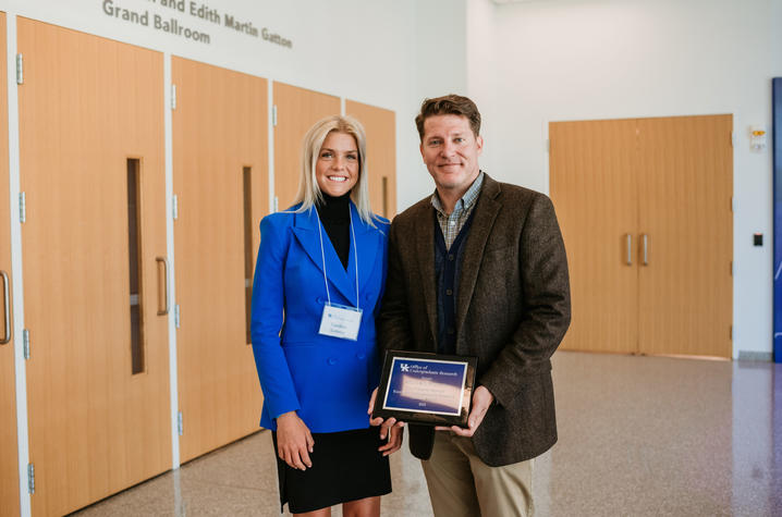 The 2022 Excellent Undergraduate Research Mentor Award winner Michael Wesley with student Caroline Sumner.