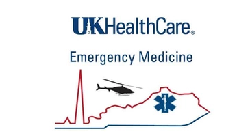 UK HealthCare logo with Emergency Medicine logo below (outline of the state of Kentucky with a helicopter)
