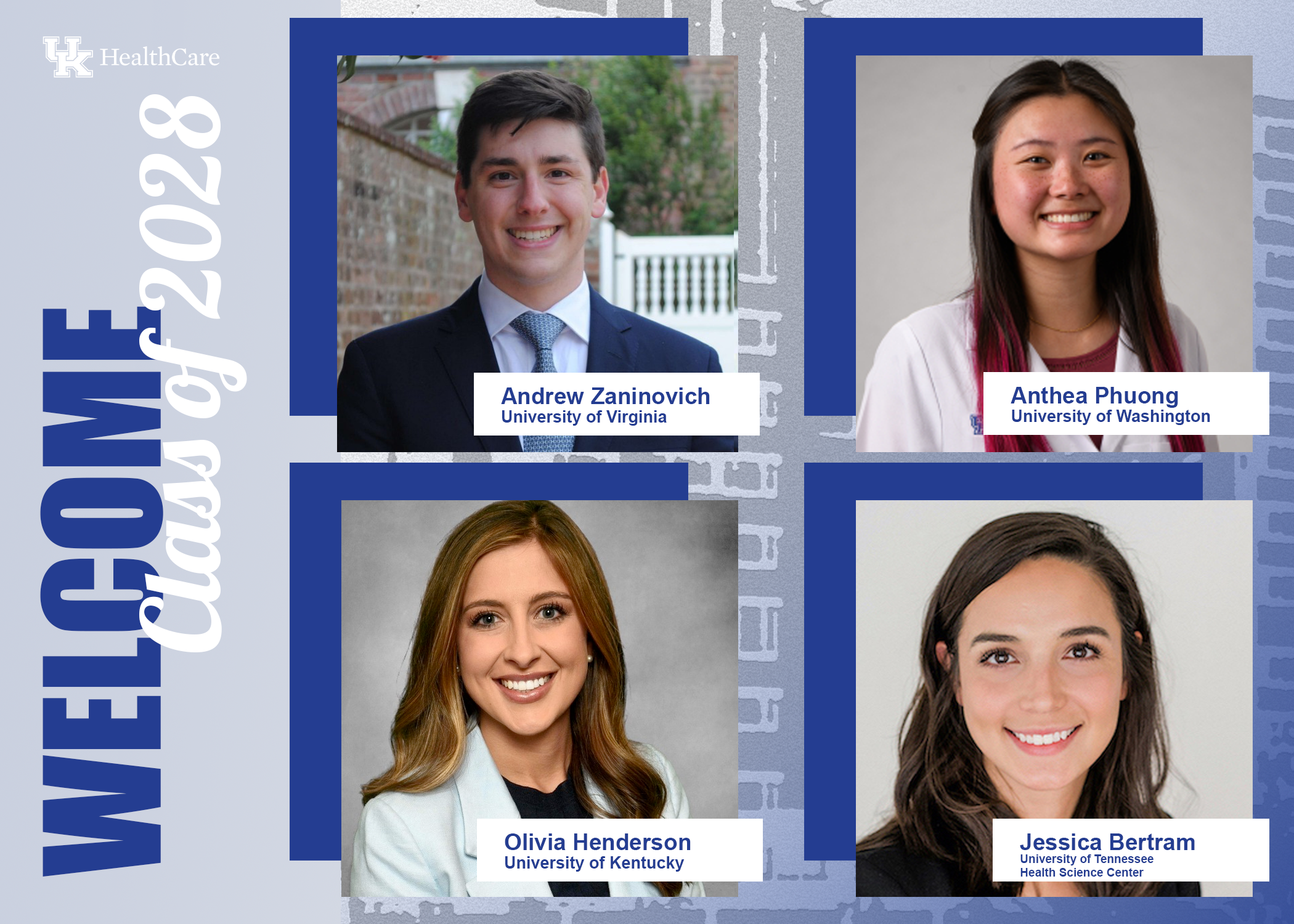 A four pack of images of headshots from four new residents. From left to right, Andrew Zaninovich, Anthea Phuong, Olivia Henderson, and Jessica Bertram. 
