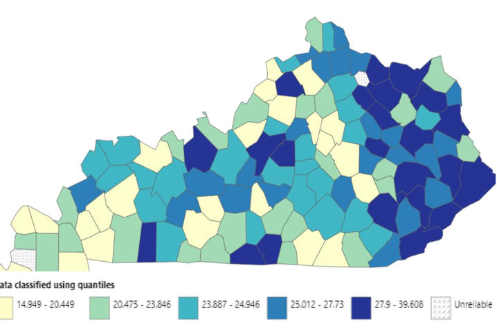 County level variation of colon cancer-related, age-adjusted mortality rates per 100,000 people from 1999-2020 depicted on a map of Kentucky. The darker areas of the map represent higher numbers of colorectal cases. Most of the darkest areas cluster around the Appalachian mountains. Provided by Syed Hassan, M.D.