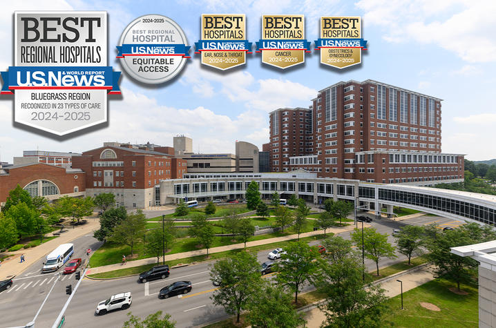 An image of UK Chandler hospital, with five U.S. News & World Report awards listed in the top-left corner. The awards are for Best Regional Hospital for the Bluegrass (2024-2025), Best Regional Hospital for Equitable Access (2024-2025), Best Hospitals for Ear, Nose and Throat (2024-2025), Best Hospitals for Cancer (2024-2025), and Best Hospitals for Obstetrics and Gynecology (2024-2025)