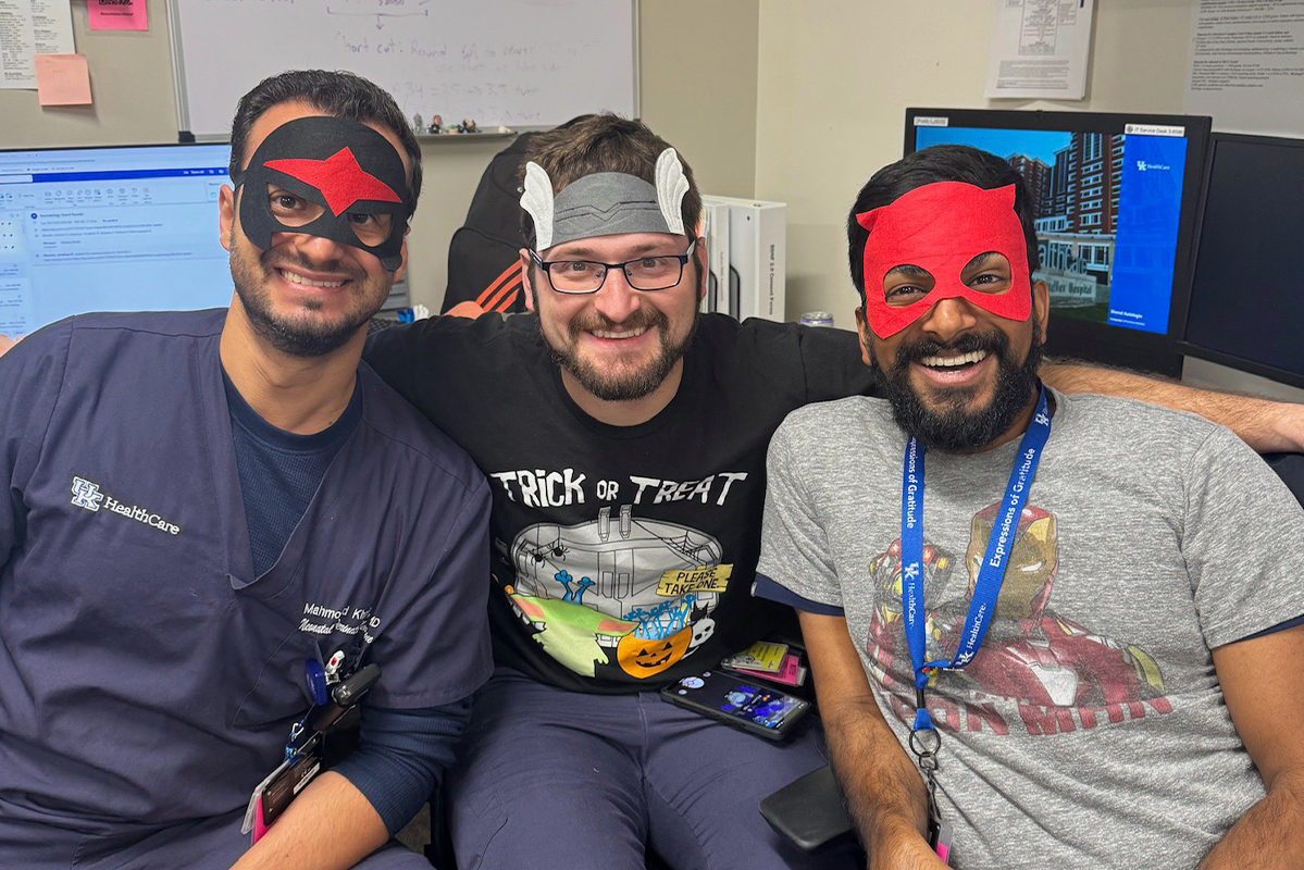 Real superheroes wear scrubs! L to R: Fellows Mahmoud Khanji, Anthony Haase, and Rahul Joseph