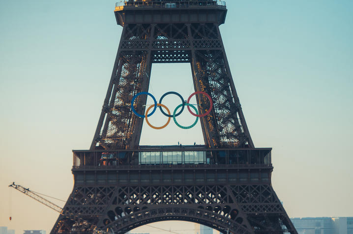 The Eiffel Tower with the Olympic logo overlapping