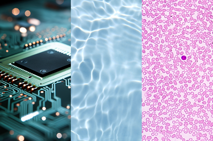 A three-paneled image. The first panel is a circuit board, the second is an image of water, and the last is a close up of a microscope slide.