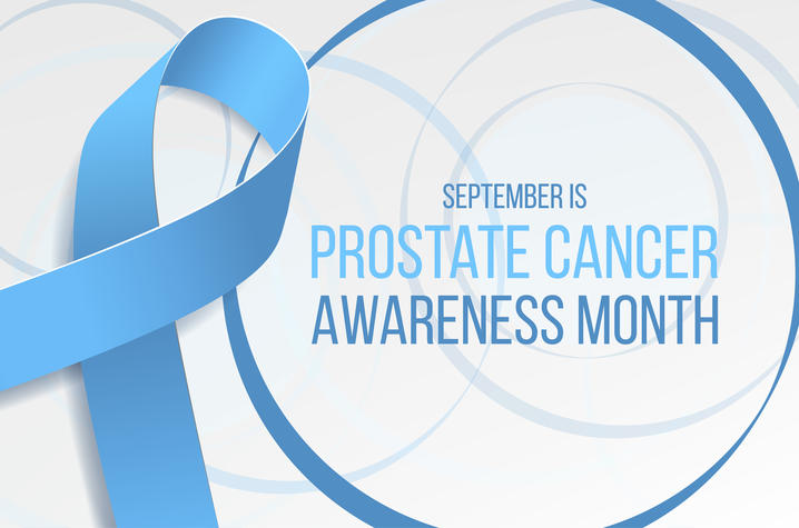 A blue cancer ribbon next to text that reads, "September is Prostate Cancer Awareness Month"