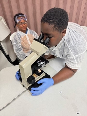 Kids looking at a microscope