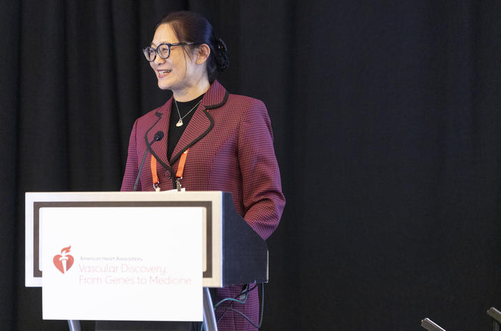 Lu speaks during Plenary Session 2 at the 2025 Vascular Discovery Scientific Sessions April 23 in Baltimore, Maryland. 