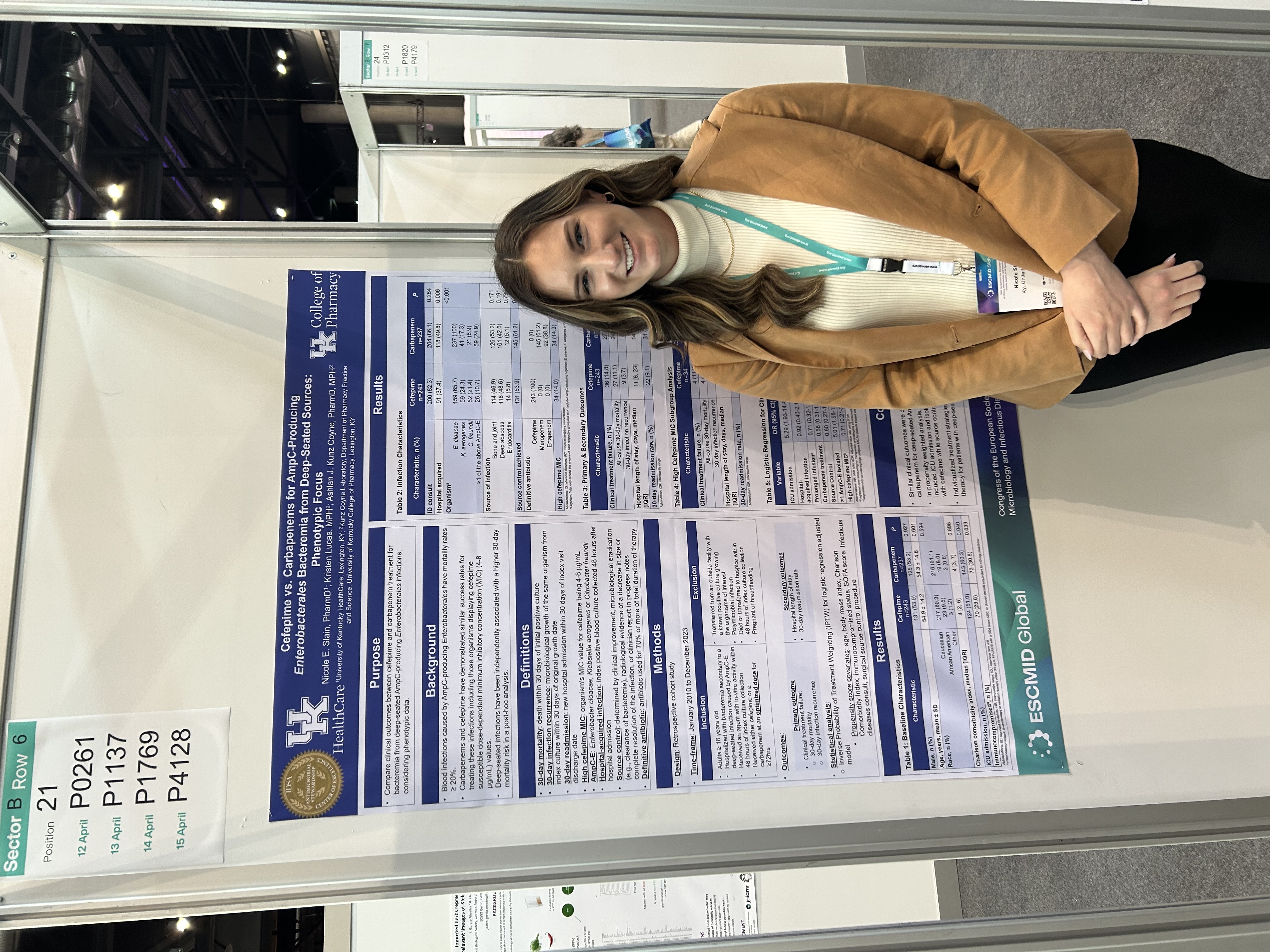 Nicole Slain presents her poster titled, "Cefepime vs. Carbapenems for AmpC-Producing Enterobacterales Bacteremia from Deep-Seated Sources: Phenotypic Focus" at ESCMID.