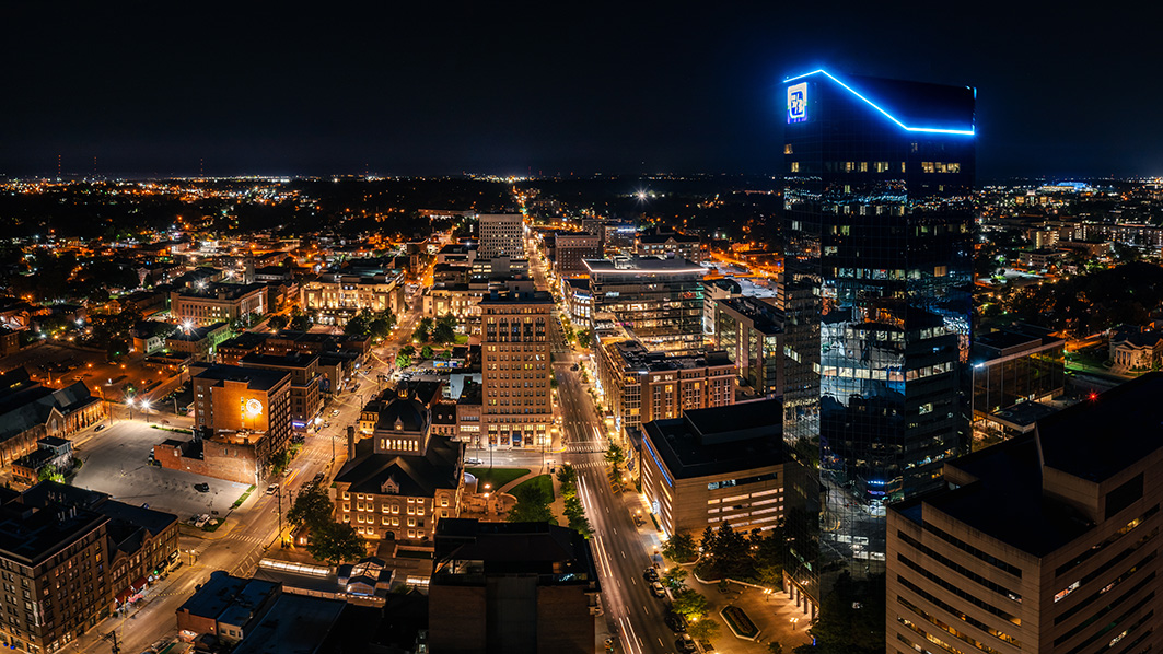 Night photo from high above the Lexington KY skyline