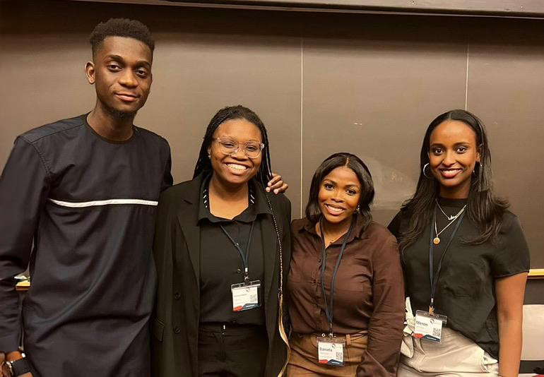 Cohort 3 SPARLKlers Princess Magor Agbozo (second from left) and Meron Lemma (far right) at the 2023 Harvard Africa Health Conference
