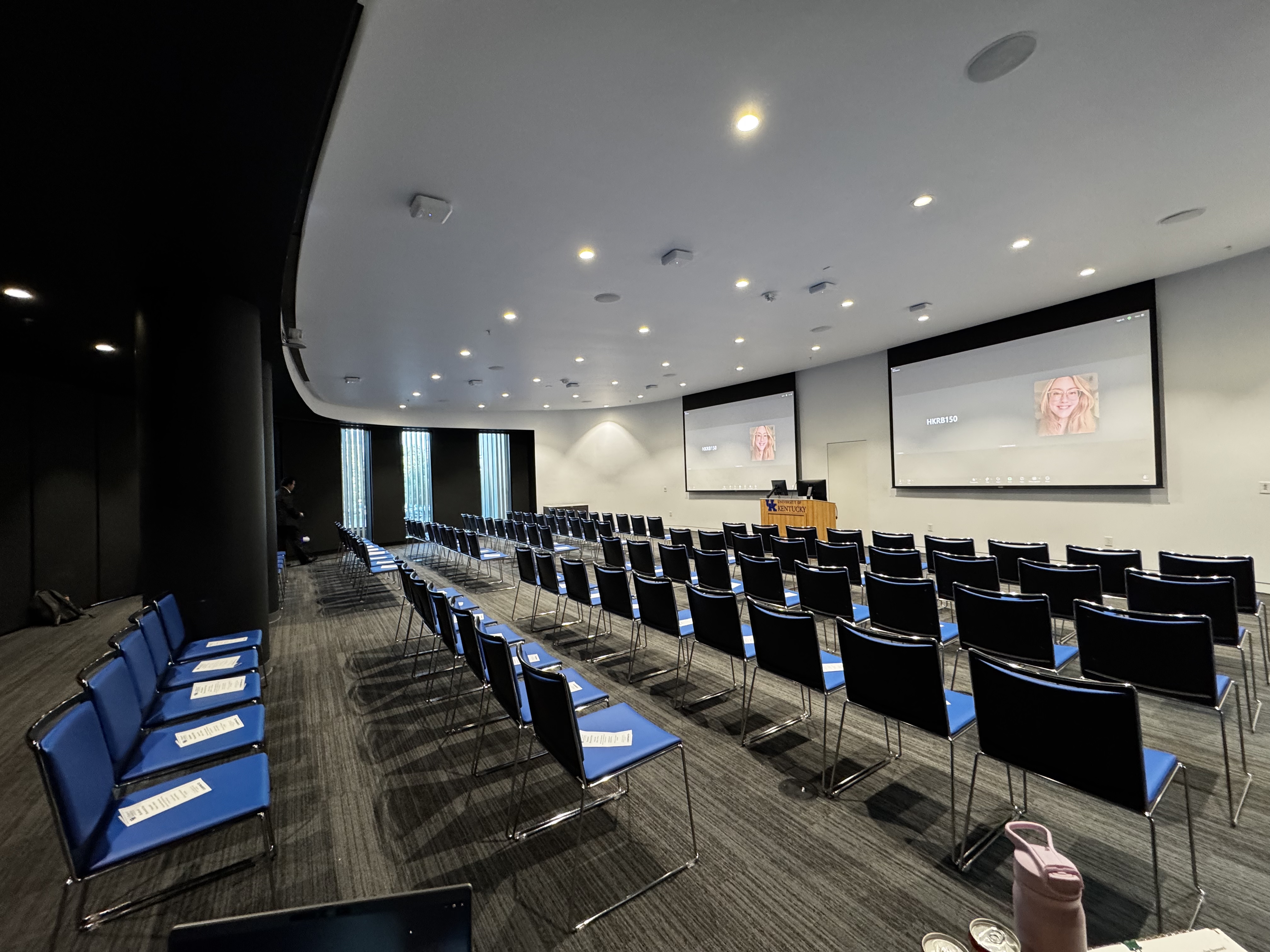 Empty conference room with blue chairs