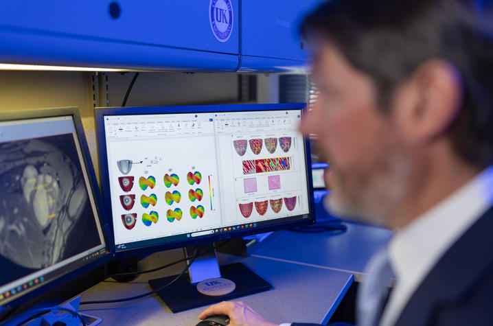 A man sitting at a computer. The man's face is out of focus so that the computer models of fibrosis are emphasized.