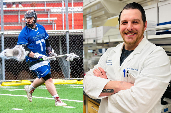 On left, Ryan Shahidehpour in lacrosse gear, playing for UK. On right, Ryan Shahidehpour in the lab wearing a white coat.