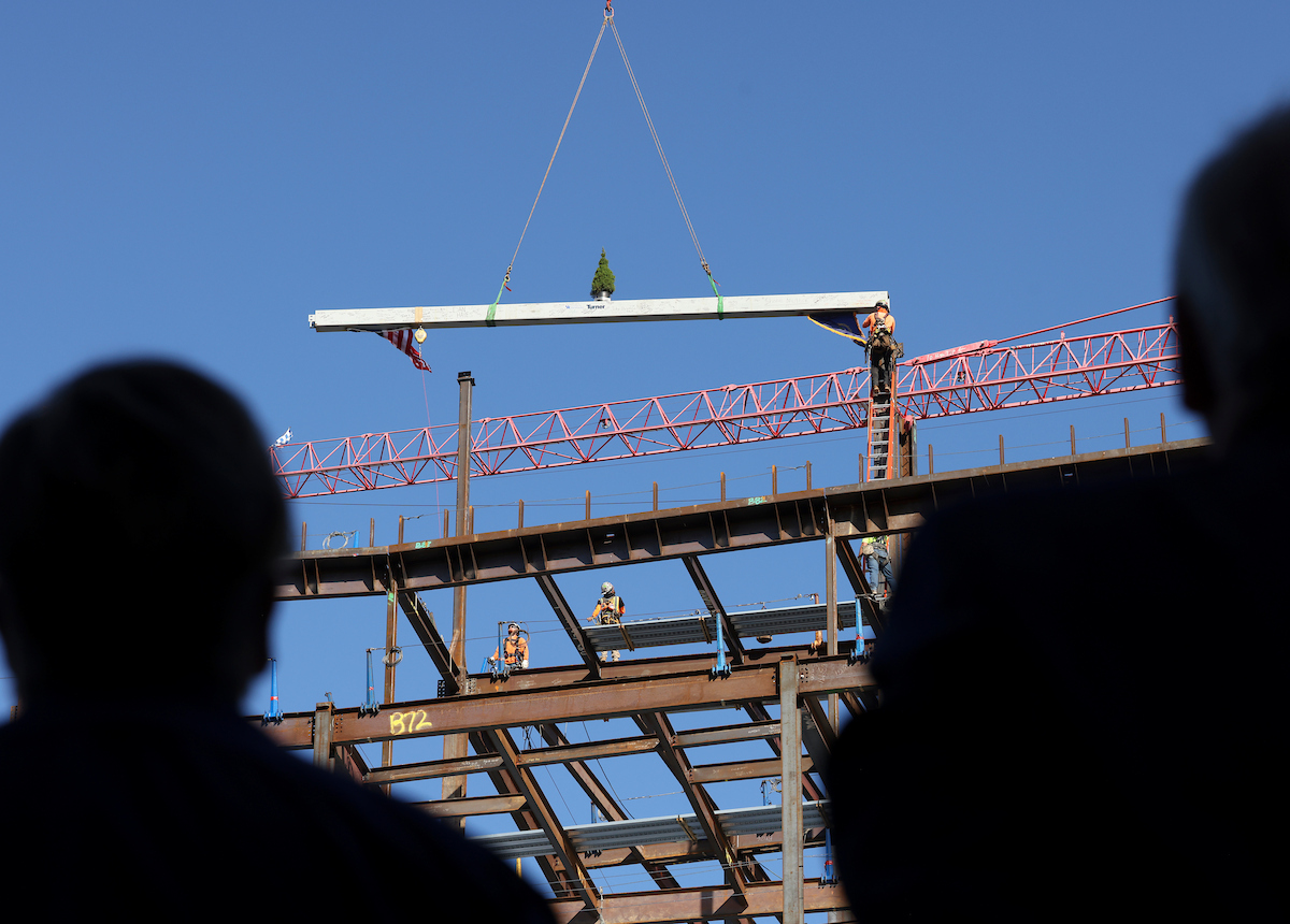 The raising of the signed beam at the Rankin Health Education Building on August 28, 2025.