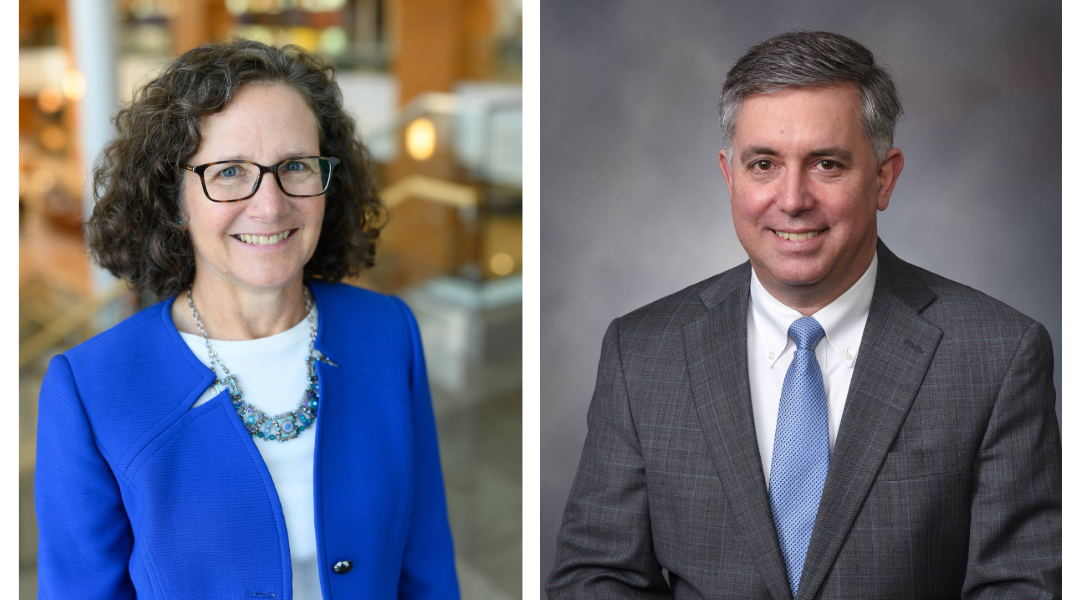 Two headshots sit next to one another. One of a woman in a blue cardigan, and the other of a man in a gray suit and blue tie.