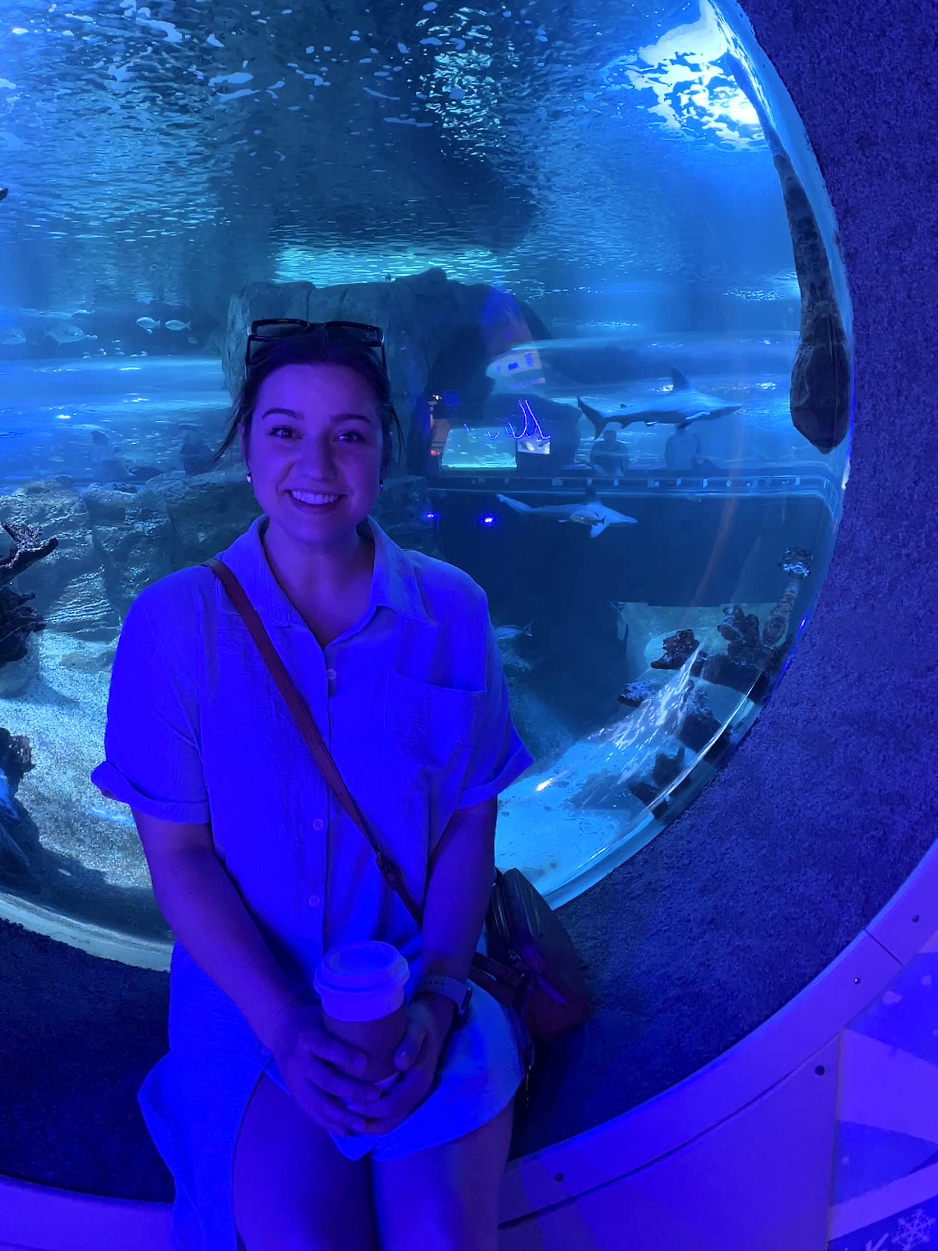 Anna Cox smiling warmly, sitting in front of a large aquarium window. The scene is bathed in blue light, with sea creatures visible in the background.