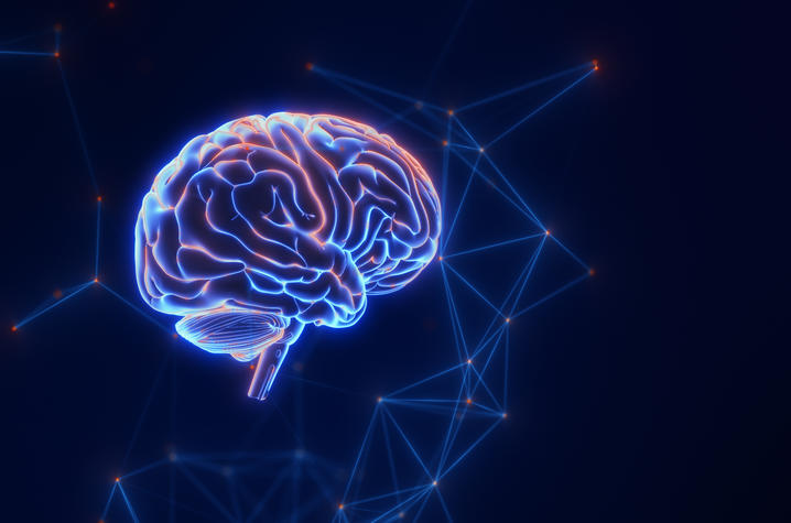 Glowing digital brain with blue and orange neon outlines, set against a dark background with connecting points and lines, conveying a futuristic, technological feel.