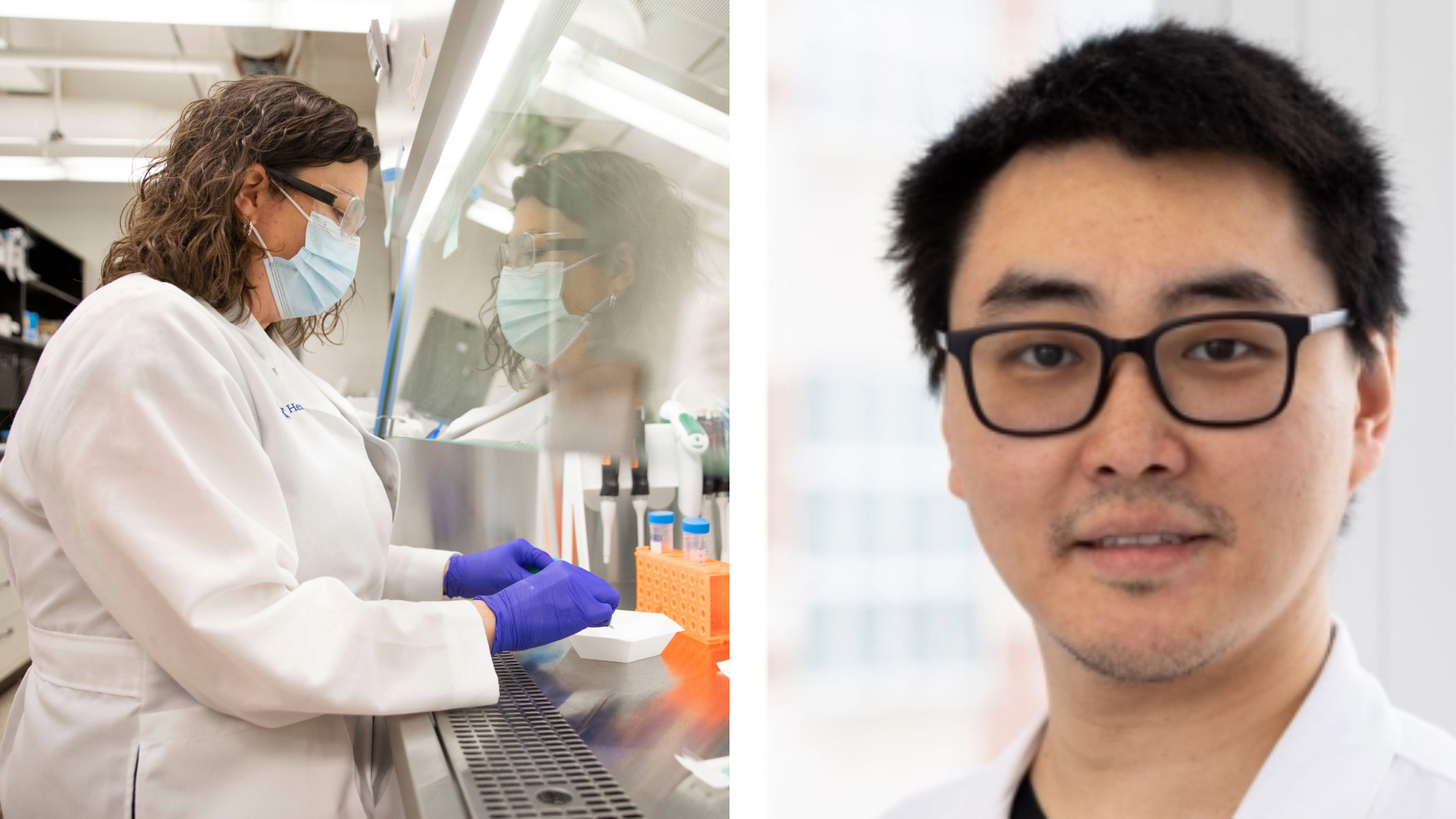 A woman in a mask works with syringes, next to a headshot of Dr. Wem