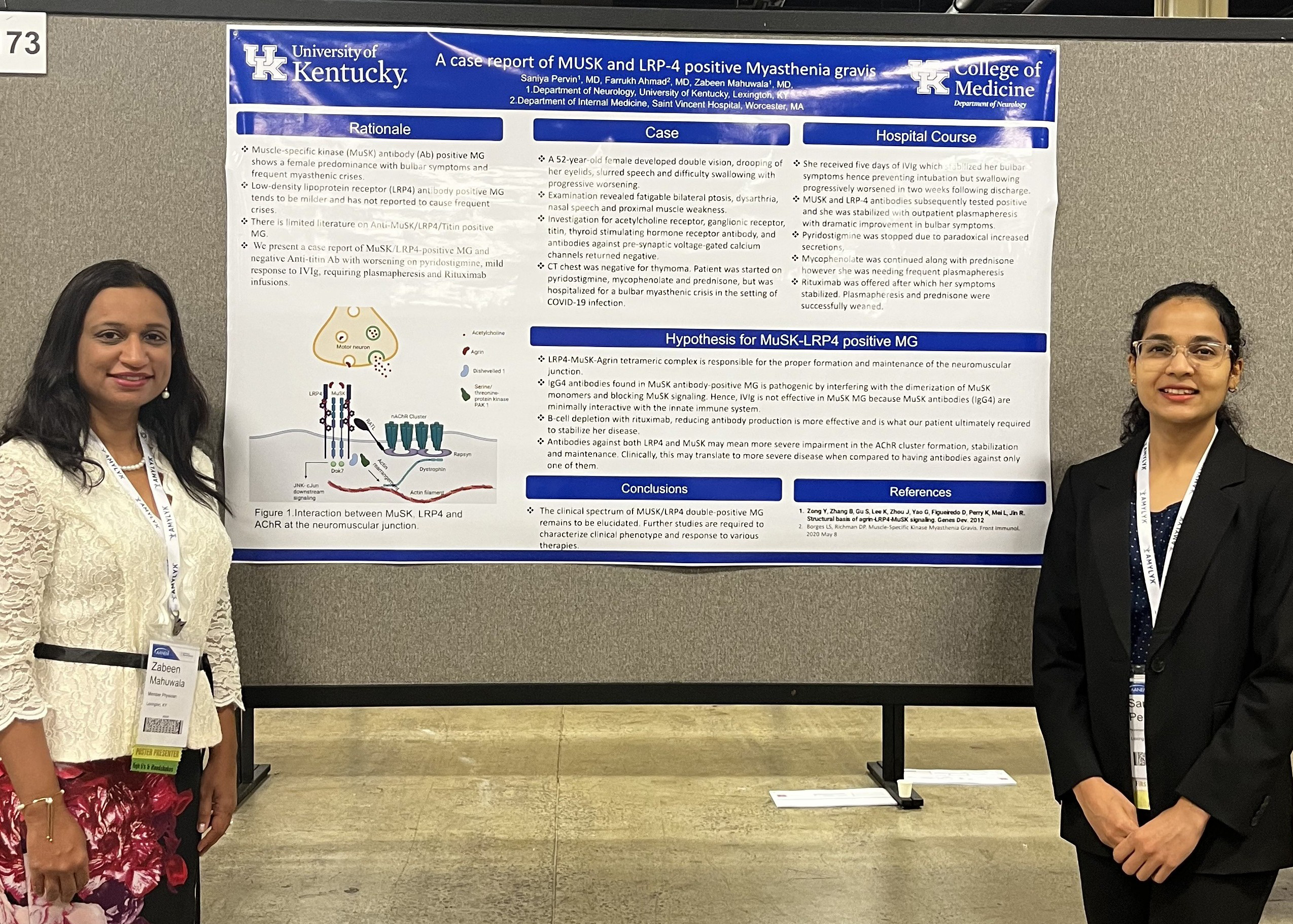 Two women stand on either side of a medical research poster titled "A Case Report of MuSK and LRP-4 Positive Myasthenia Gravis" from the University of Kentucky. Both are smiling, conveying professionalism and achievement.