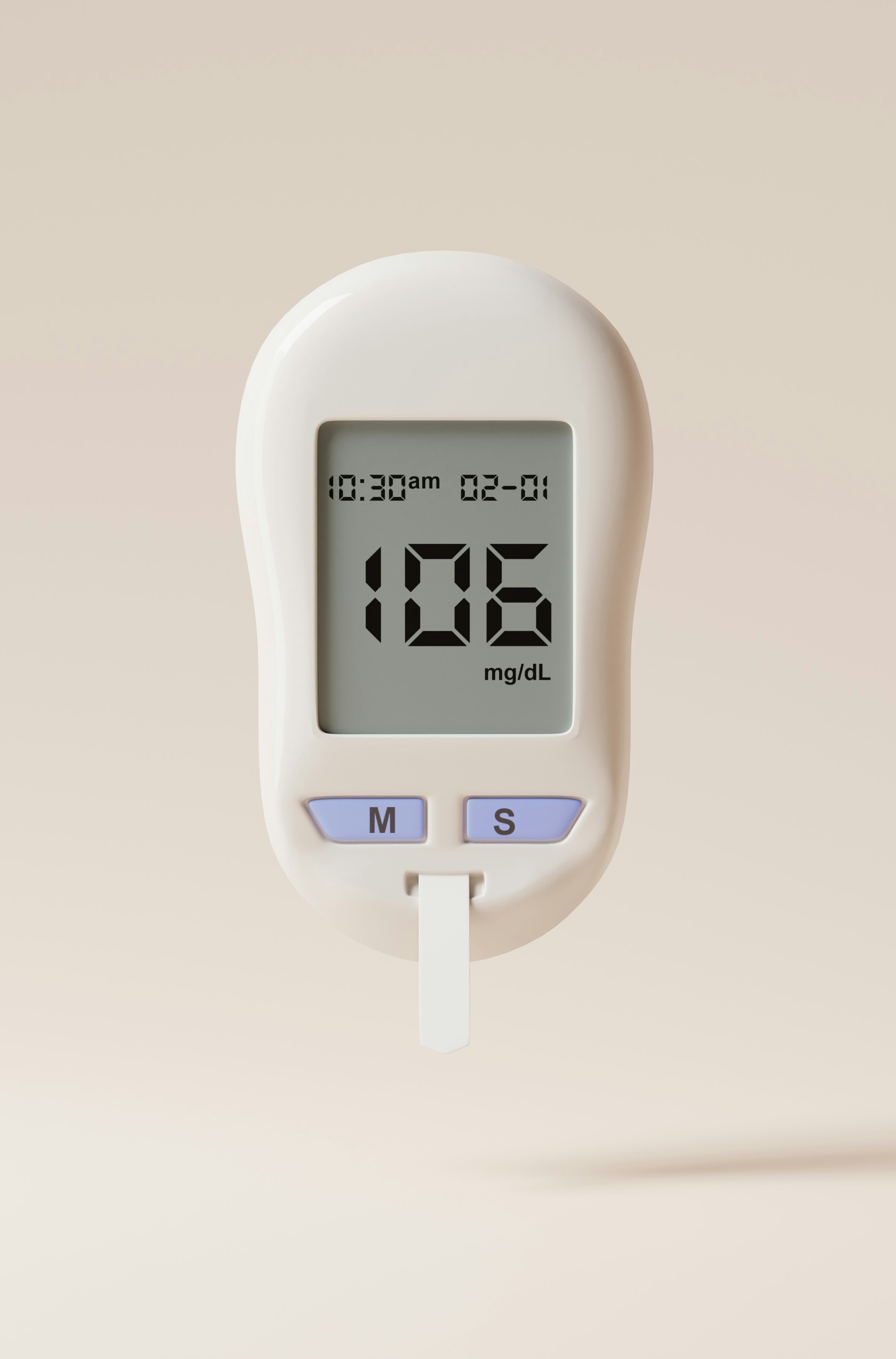 A blood sugar monitor, reading 106 mg/dl at 10:30 in the morning on February 1st.
