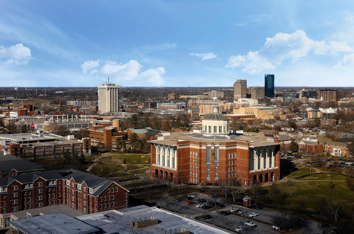 An aerial view of the UK campus, focused on the UK library.
