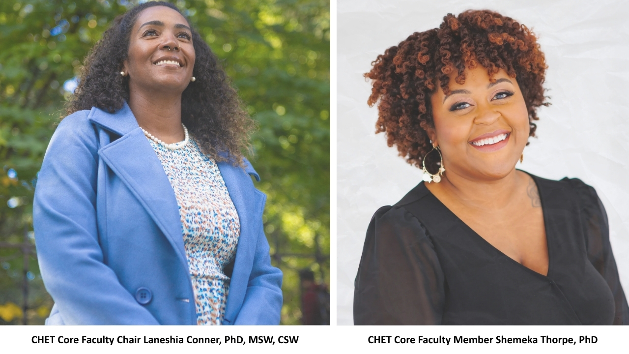 Side-by-side composite image: On the left, Dr. Laneshia Conner is pictured outdoors wearing a light blue coat over a patterned dress, smiling and looking upward with trees and greenery blurred in the background. On the right, Dr. Shemeka Thorpe is shown in a studio-style portrait wearing a black top and large earrings, smiling toward the camera with short curly auburn hair against a light neutral background.