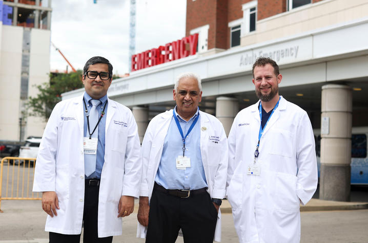 Suhas Gangadhara, Jay Avasarala and Evan Vincent outside of the UK Albert B. Chandler Hospital Emergency Department.