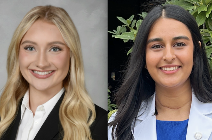Two photos side by side, woman with blonde hair white blouse and black blazer on the left, and woman with black hair, white lab coat, and blue blouse on the right