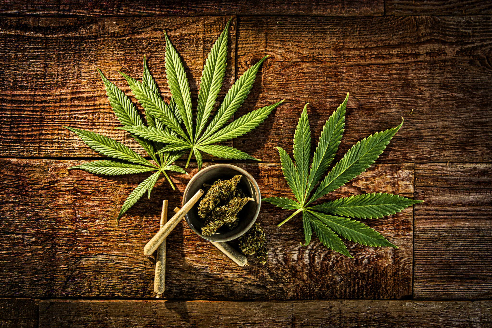 Top-down view of several green cannabis leaves arranged on a rustic wooden table.